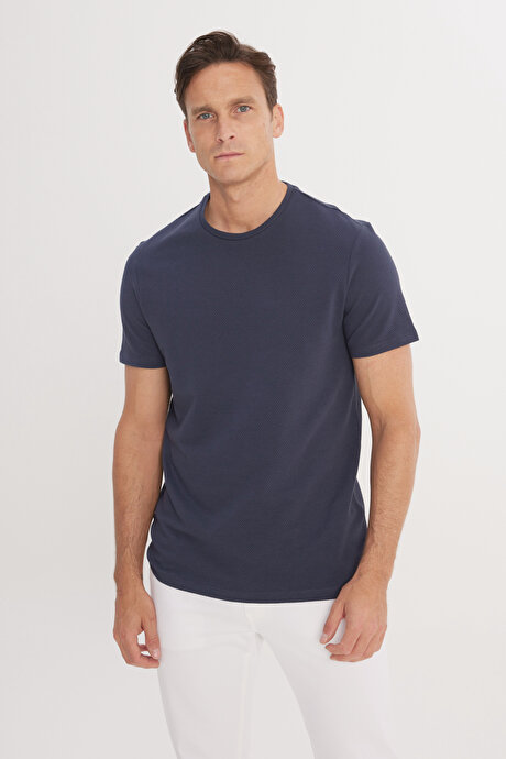 Slim Fit Dar Kesim Bisiklet Yaka Kısa Kollu Yumuşak Tuşeli Basic Lacivert Tişört resmi