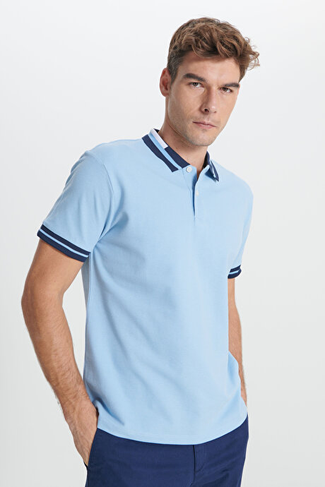 Slim Fit Dar Kesim Polo Yaka %100 Pamuk Açık Mavi Tişört resmi