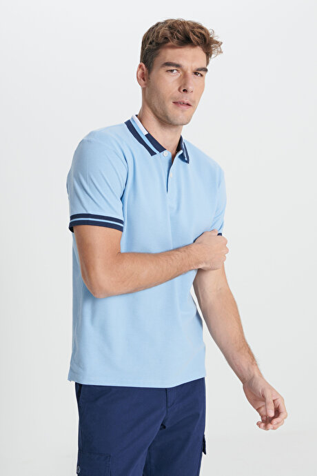 Slim Fit Dar Kesim Polo Yaka %100 Pamuk Açık Mavi Tişört resmi