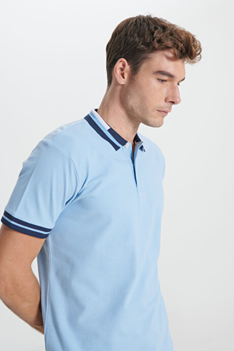 Slim Fit Dar Kesim Polo Yaka %100 Pamuk Açık Mavi Tişört resmi