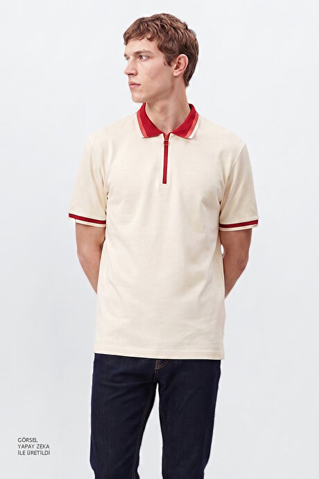 Regular Fit Geniş Kesim Polo Yaka %100 Pamuk Ekru-Bordo Tişört resmi