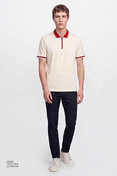 Regular Fit Geniş Kesim Polo Yaka %100 Pamuk Ekru-Bordo Tişört resmi