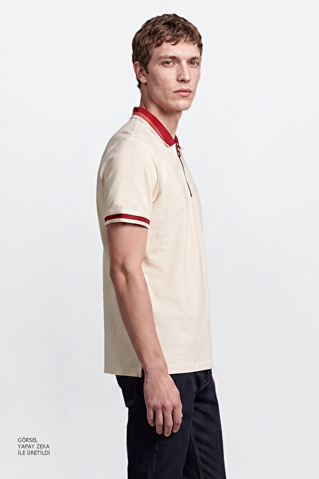 Regular Fit Geniş Kesim Polo Yaka %100 Pamuk Ekru-Bordo Tişört resmi