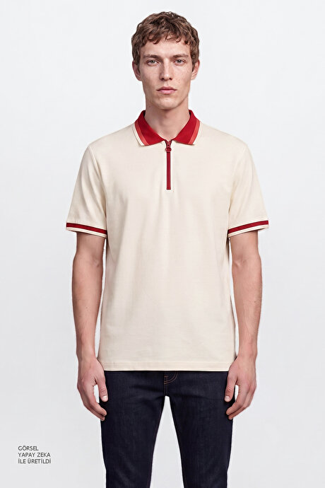 Regular Fit Geniş Kesim Polo Yaka %100 Pamuk Ekru-Bordo Tişört resmi