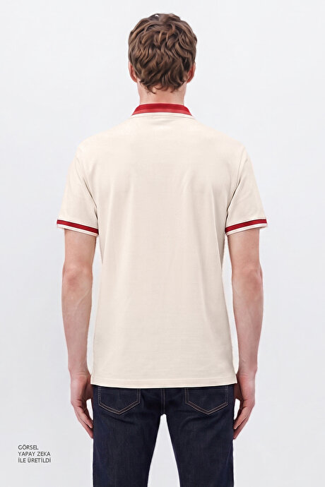 Regular Fit Geniş Kesim Polo Yaka %100 Pamuk Ekru-Bordo Tişört resmi