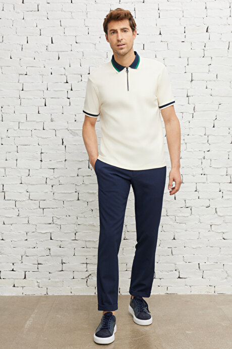 Regular Fit Geniş Kesim Polo Yaka %100 Pamuk Ekru-Lacivert Tişört resmi