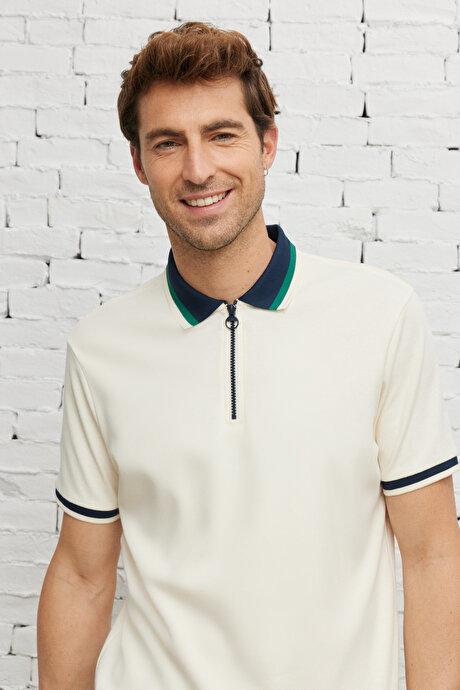 Regular Fit Geniş Kesim Polo Yaka %100 Pamuk Ekru-Lacivert Tişört resmi