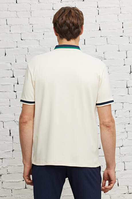 Regular Fit Geniş Kesim Polo Yaka %100 Pamuk Ekru-Lacivert Tişört resmi