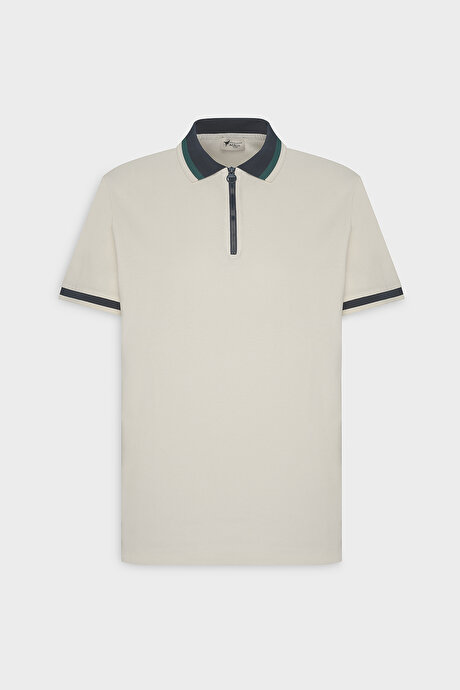 Regular Fit Geniş Kesim Polo Yaka %100 Pamuk Ekru-Lacivert Tişört resmi