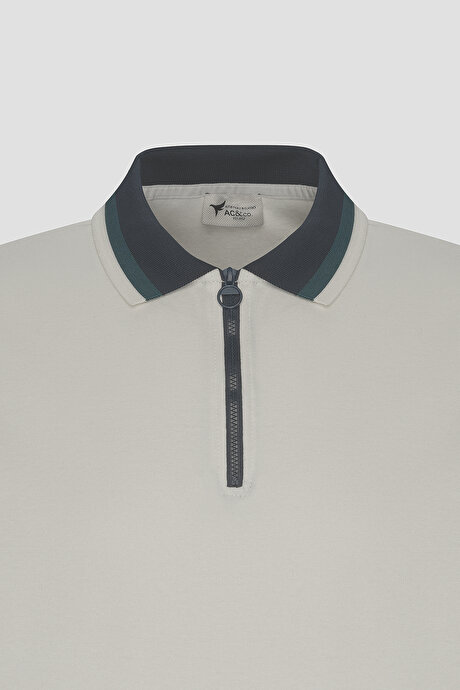 Regular Fit Geniş Kesim Polo Yaka %100 Pamuk Ekru-Lacivert Tişört resmi