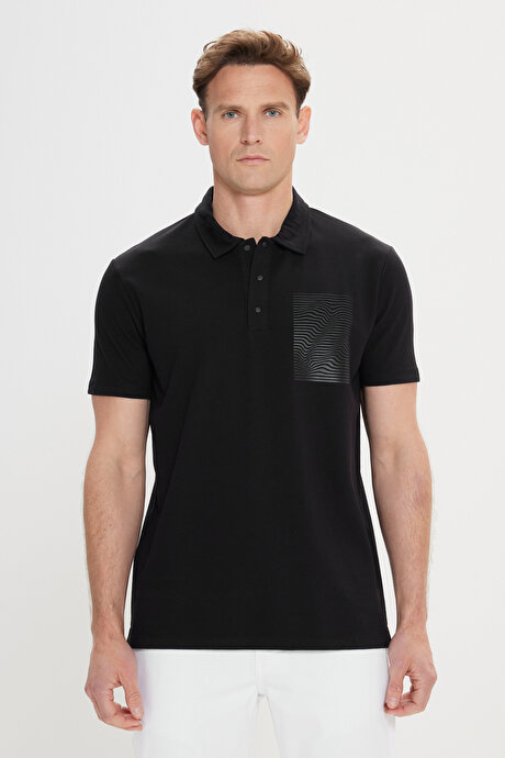 Slim Fit Dar Kesim %100 Pamuk Baskılı Polo Yaka Siyah Tişört resmi