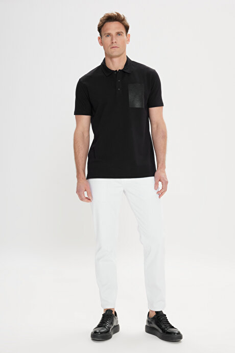 Slim Fit Dar Kesim %100 Pamuk Baskılı Polo Yaka Siyah Tişört resmi