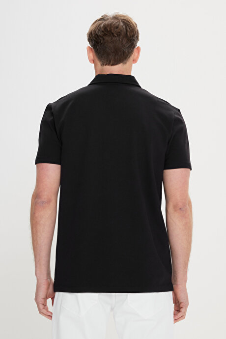 Slim Fit Dar Kesim %100 Pamuk Baskılı Polo Yaka Siyah Tişört resmi