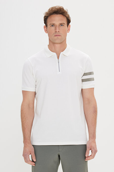 Slim Fit Dar Kesim %100 Pamuk Polo Yaka Beyaz Tişört resmi