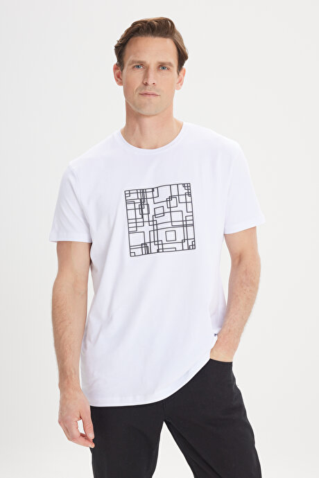 Slim Fit Dar Kesim Pamuklu Esnek Baskılı Bisiklet Yaka Beyaz Tişört resmi
