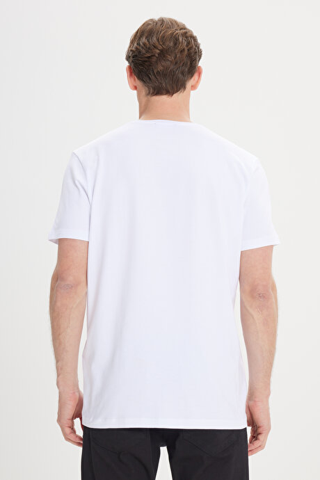 Slim Fit Dar Kesim Pamuklu Esnek Baskılı Bisiklet Yaka Beyaz Tişört resmi