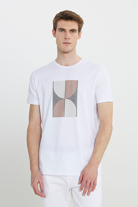 Slim Fit Dar Kesim Pamuklu Esnek Baskılı Bisiklet Yaka Beyaz Tişört resmi