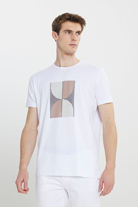 Slim Fit Dar Kesim Pamuklu Esnek Baskılı Bisiklet Yaka Beyaz Tişört resmi