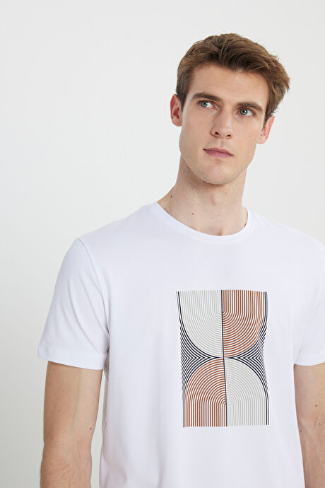Slim Fit Dar Kesim Pamuklu Esnek Baskılı Bisiklet Yaka Beyaz Tişört resmi