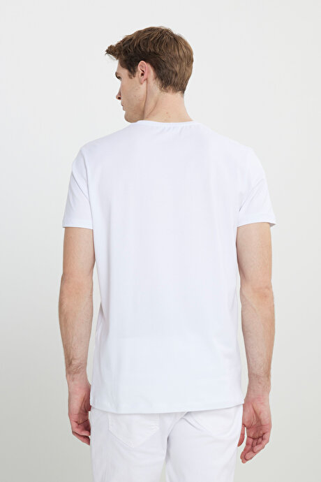 Slim Fit Dar Kesim Pamuklu Esnek Baskılı Bisiklet Yaka Beyaz Tişört resmi