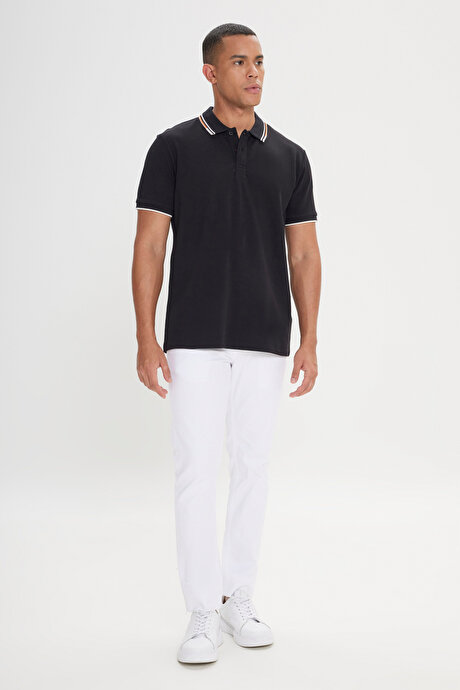 Slim Fit Dar Kesim %100 Pamuk Polo Yaka Siyah Tişört resmi
