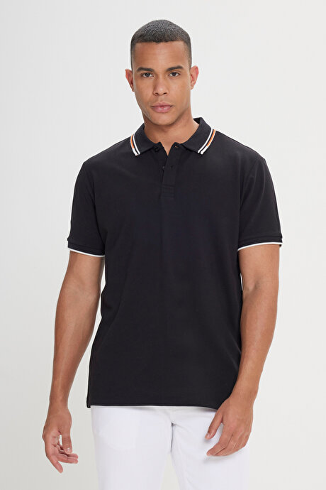 Slim Fit Dar Kesim %100 Pamuk Polo Yaka Siyah Tişört resmi