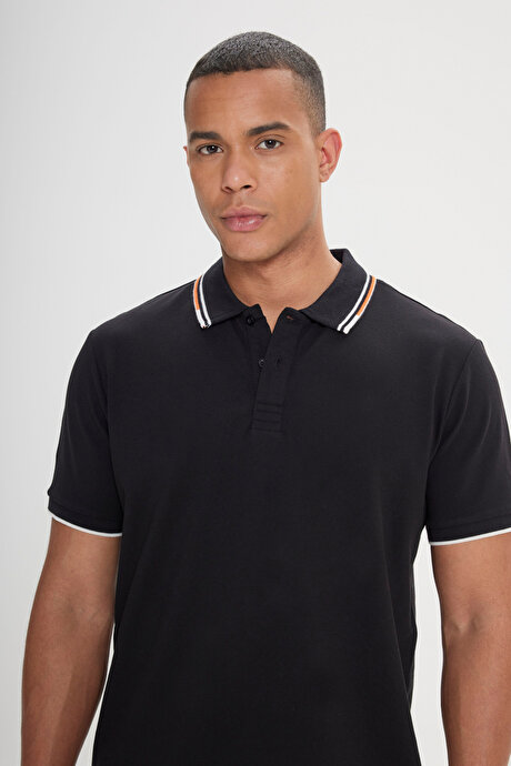 Slim Fit Dar Kesim %100 Pamuk Polo Yaka Siyah Tişört resmi