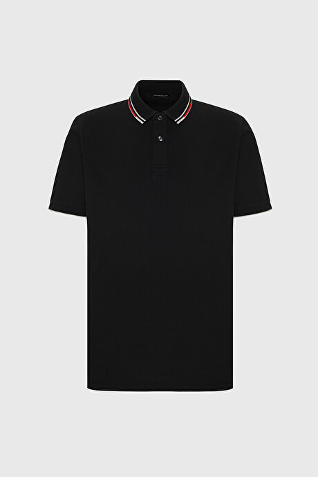 Slim Fit Dar Kesim %100 Pamuk Polo Yaka Siyah Tişört resmi