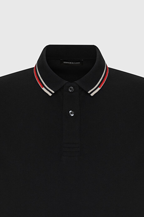 Slim Fit Dar Kesim %100 Pamuk Polo Yaka Siyah Tişört resmi