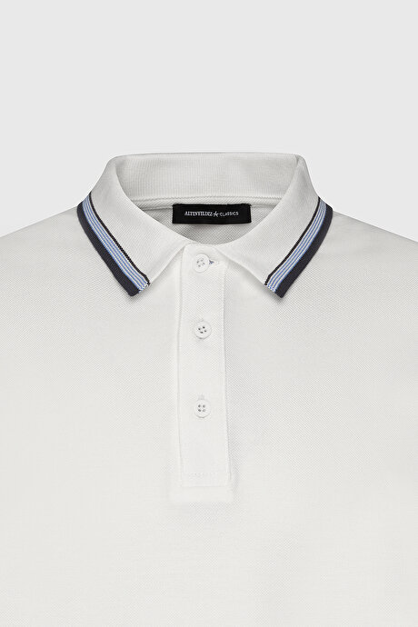 Slim Fit Dar Kesim %100 Pamuk Polo Yaka Beyaz Tişört resmi