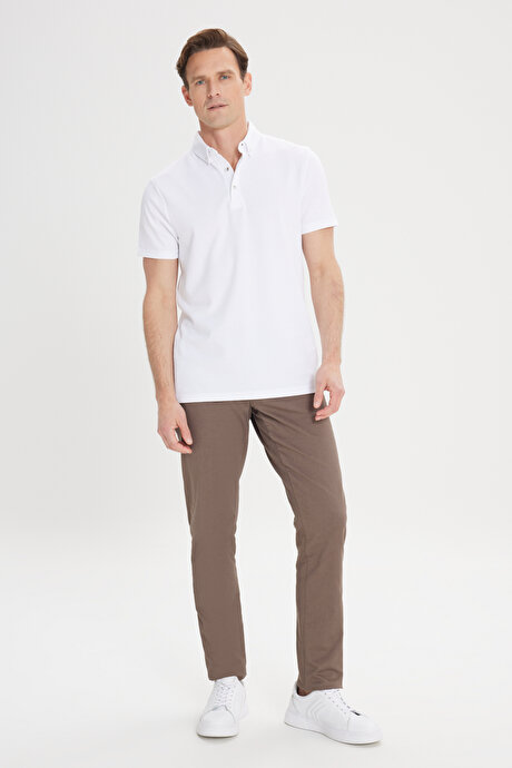 Slim Fit Dar Kesim Pamuklu Jakarlı Polo Yaka Ekru Tişört resmi