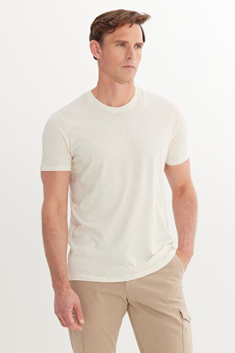 Slim Fit Dar Kesim Pamuklu Bisiklet Yaka Açık Bej Tişört resmi