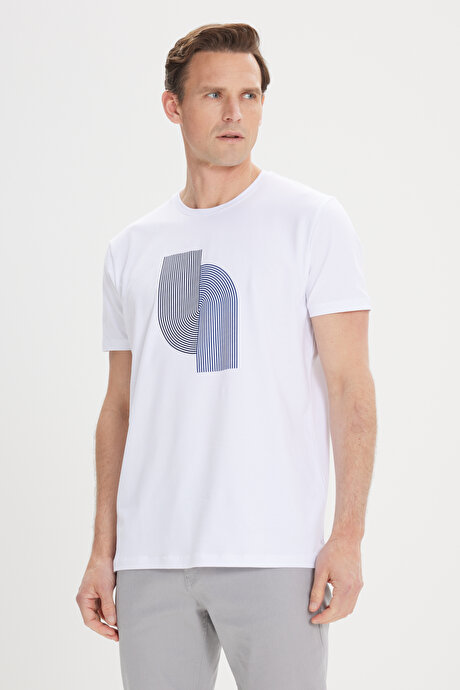 Slim Fit Dar Kesim Pamuklu Esnek Baskılı Bisiklet Yaka Beyaz Tişört resmi