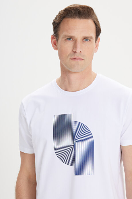 Slim Fit Dar Kesim Pamuklu Esnek Baskılı Bisiklet Yaka Beyaz Tişört resmi