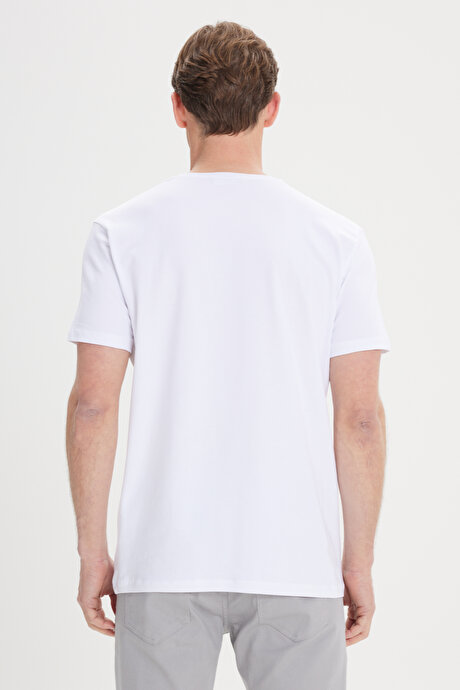 Slim Fit Dar Kesim Pamuklu Esnek Baskılı Bisiklet Yaka Beyaz Tişört resmi