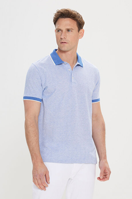 Slim Fit Dar Kesim Pamuklu Jakarlı Polo Yaka Mavi Tişört resmi