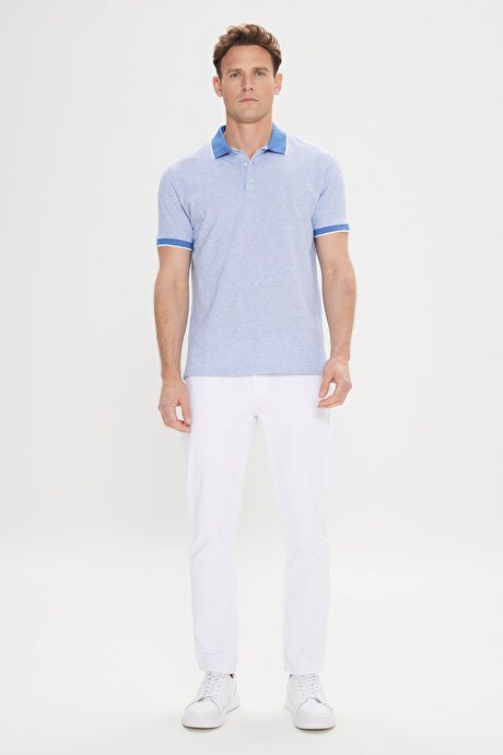 Slim Fit Dar Kesim Pamuklu Jakarlı Polo Yaka Mavi Tişört resmi