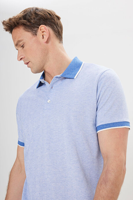 Slim Fit Dar Kesim Pamuklu Jakarlı Polo Yaka Mavi Tişört resmi
