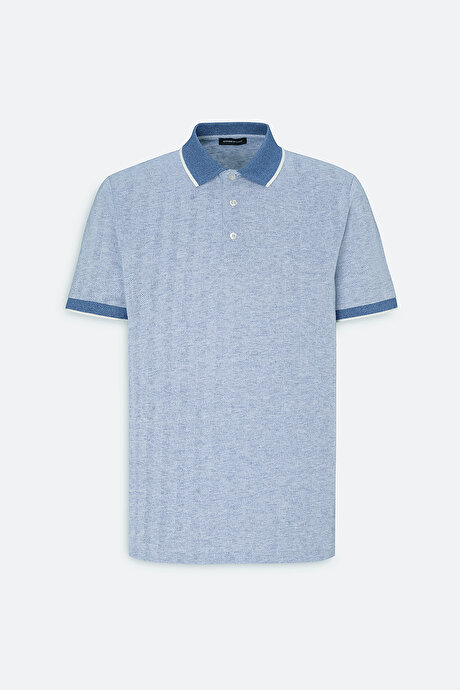Slim Fit Dar Kesim Pamuklu Jakarlı Polo Yaka Mavi Tişört resmi