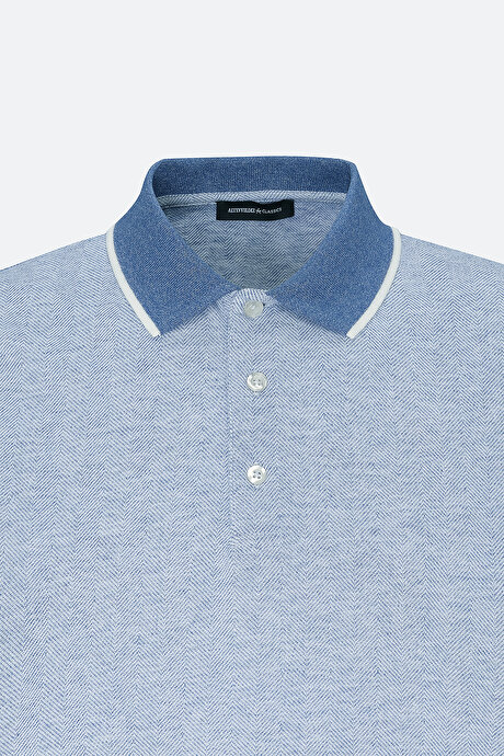 Slim Fit Dar Kesim Pamuklu Jakarlı Polo Yaka Mavi Tişört resmi