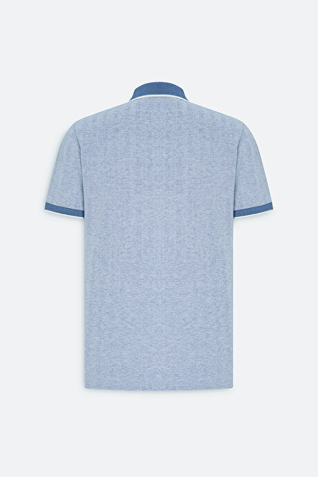 Slim Fit Dar Kesim Pamuklu Jakarlı Polo Yaka Mavi Tişört resmi