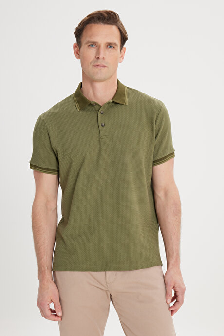 Slim Fit Dar Kesim %100 Pamuk Polo Yaka Armürlü Haki Tişört resmi