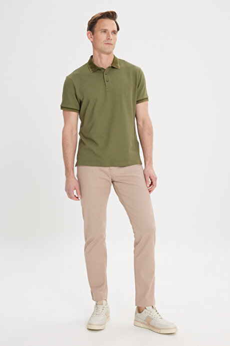 Slim Fit Dar Kesim %100 Pamuk Polo Yaka Armürlü Haki Tişört resmi