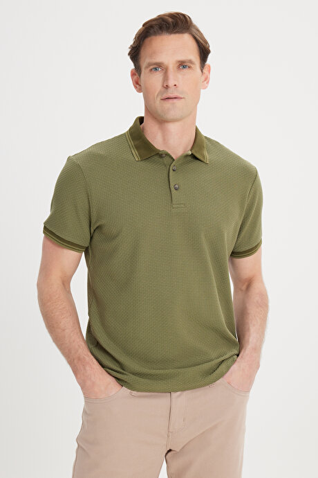 Slim Fit Dar Kesim %100 Pamuk Polo Yaka Armürlü Haki Tişört resmi