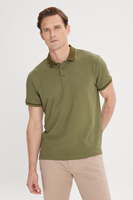 Slim Fit Dar Kesim %100 Pamuk Polo Yaka Armürlü Haki Tişört resmi