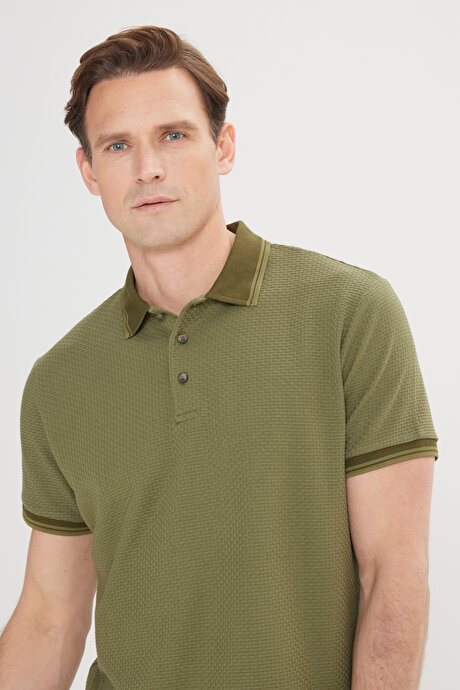 Slim Fit Dar Kesim %100 Pamuk Polo Yaka Armürlü Haki Tişört resmi
