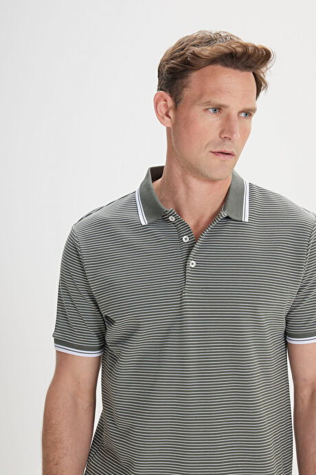 Slim Fit Dar Kesim Pamuklu Çizgili Polo Yaka Haki-Beyaz Tişört resmi