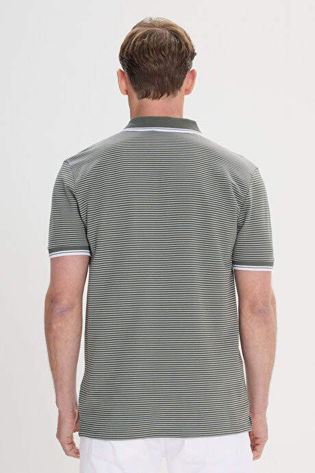 Slim Fit Dar Kesim Pamuklu Çizgili Polo Yaka Haki-Beyaz Tişört resmi