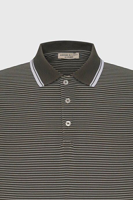 Slim Fit Dar Kesim Pamuklu Çizgili Polo Yaka Haki-Beyaz Tişört resmi