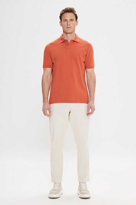 Slim Fit Dar Kesim %100 Pamuk Jakarlı Polo Yaka Kiremit Tişört resmi